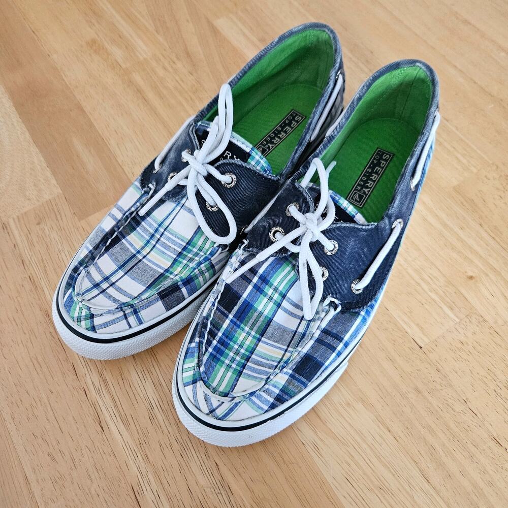 SALE Sperry Top Sider Blue Green Plaid Boat Shoes sz 7.5M